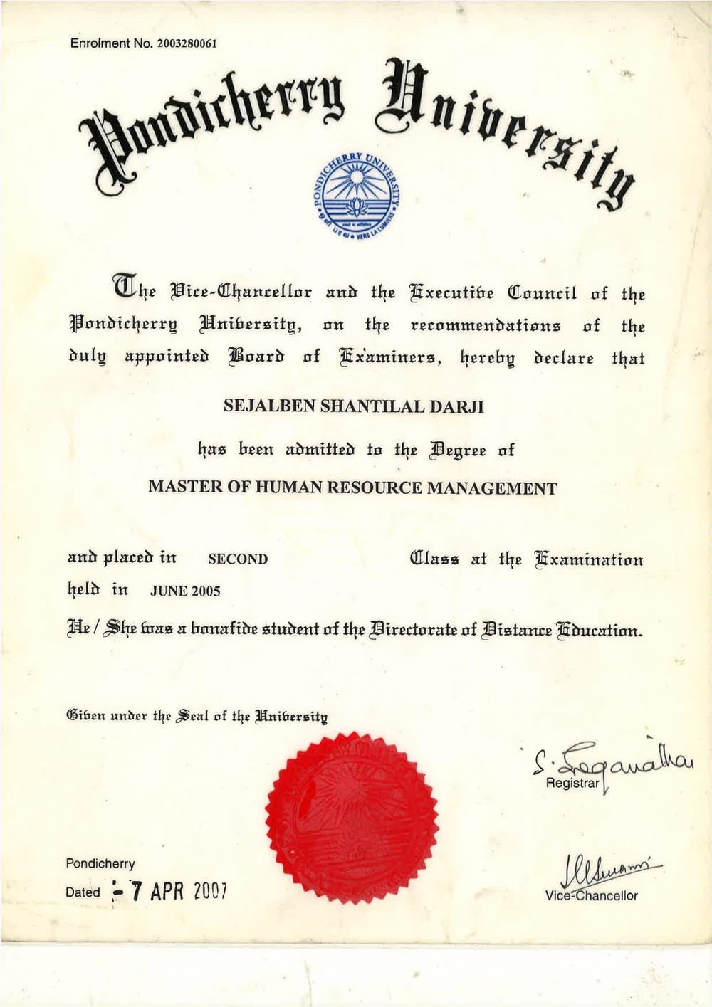 Master of Human Resource Management, issued by Pondicherry University