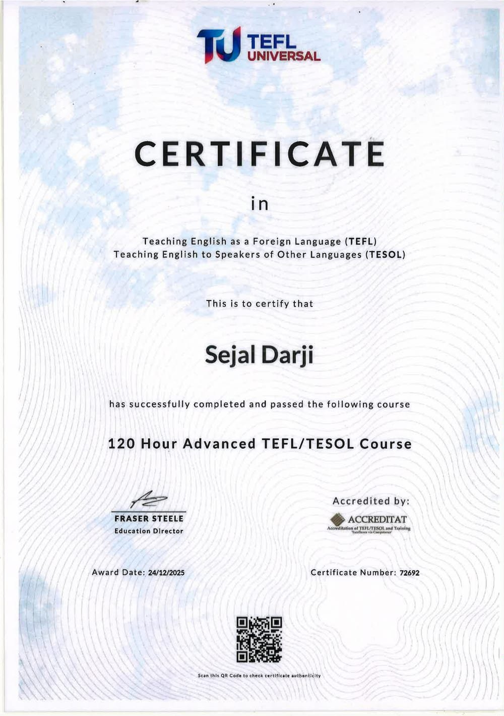 120 Hour Advanced TEFL/TESOL Course, issued by TEFL Universal